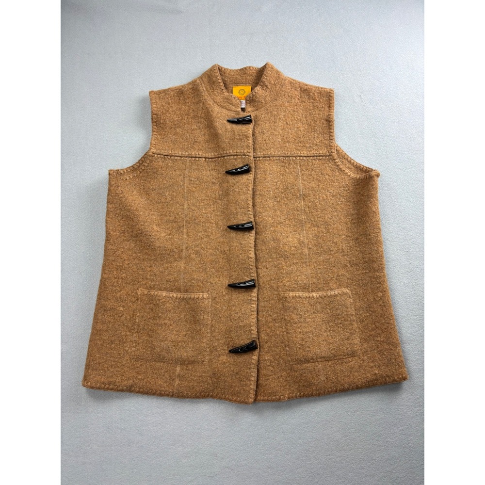 Ruby Rd. Women XL Boiled Toggle Vest Camel Tan Brown Blanket Stitch Pockets